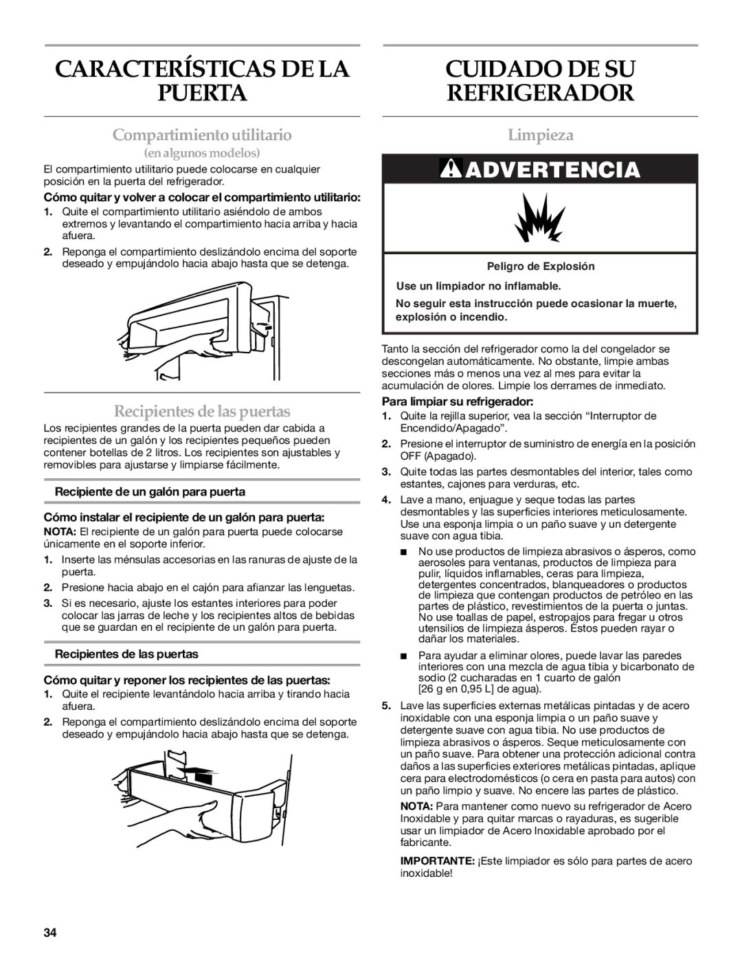 KitchenAid 2317086 manual Características DE LA Puerta, Cuidado DE SU Refrigerador, Compartimiento utilitario, Limpieza 