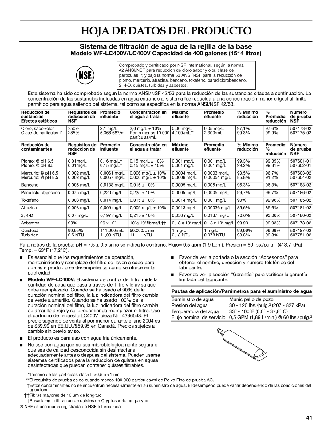 KitchenAid 2317086 manual Hoja DE Datos DEL Producto, Pautas de aplicación/Parámetros para el suministro de agua 