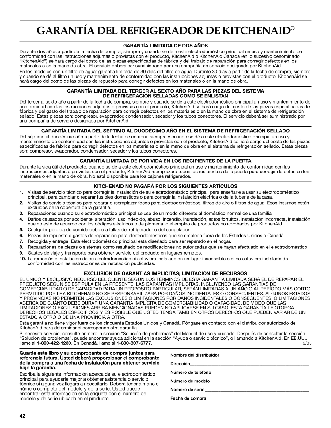 KitchenAid 2317086 manual Garantía DEL Refrigerador DE Kitchenaid, Garantía Limitada DE DOS Años 