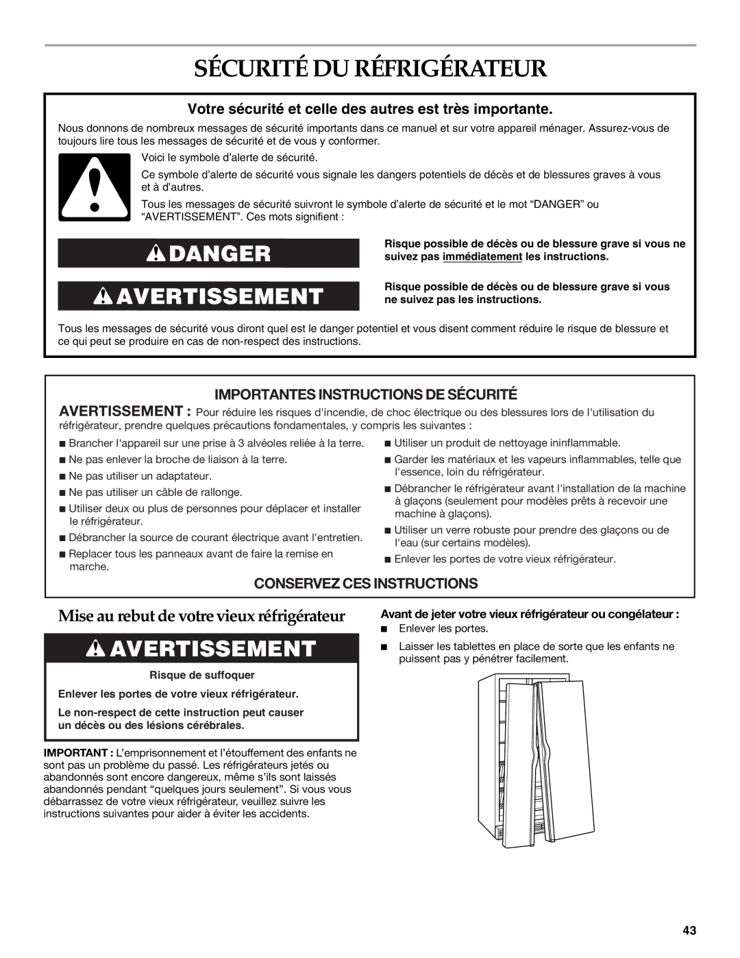 KitchenAid 2317086 manual Sécurité DU Réfrigérateur, Avant de jeter votre vieux réfrigérateur ou congélateur 