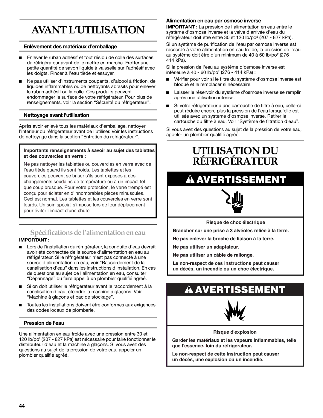 KitchenAid 2317086 manual Avant L’UTILISATION, Utilisation DU Réfrigérateur, Spécifications de l’alimentation en eau 