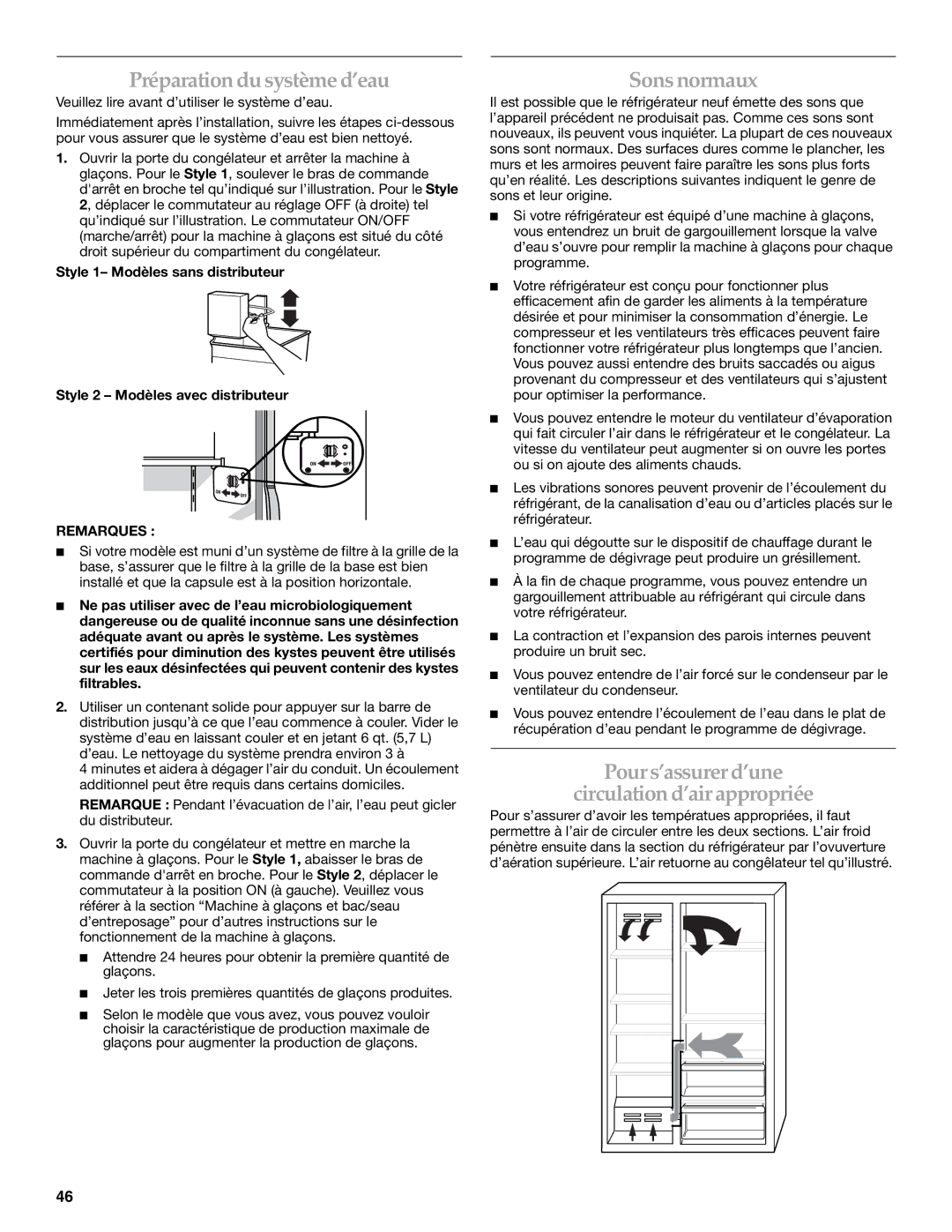 KitchenAid 2317086 manual Préparation du système d’eau, Sons normaux, Pour s’assurer d’une Circulation d’air appropriée 