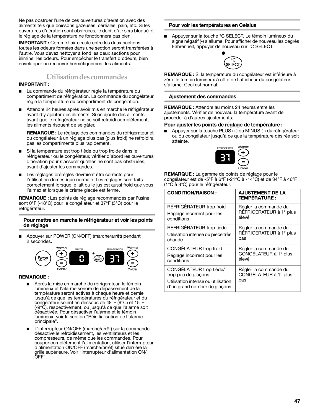 KitchenAid 2317086 manual Utilisation des commandes, Pour voir les températures en Celsius, Ajustement des commandes 