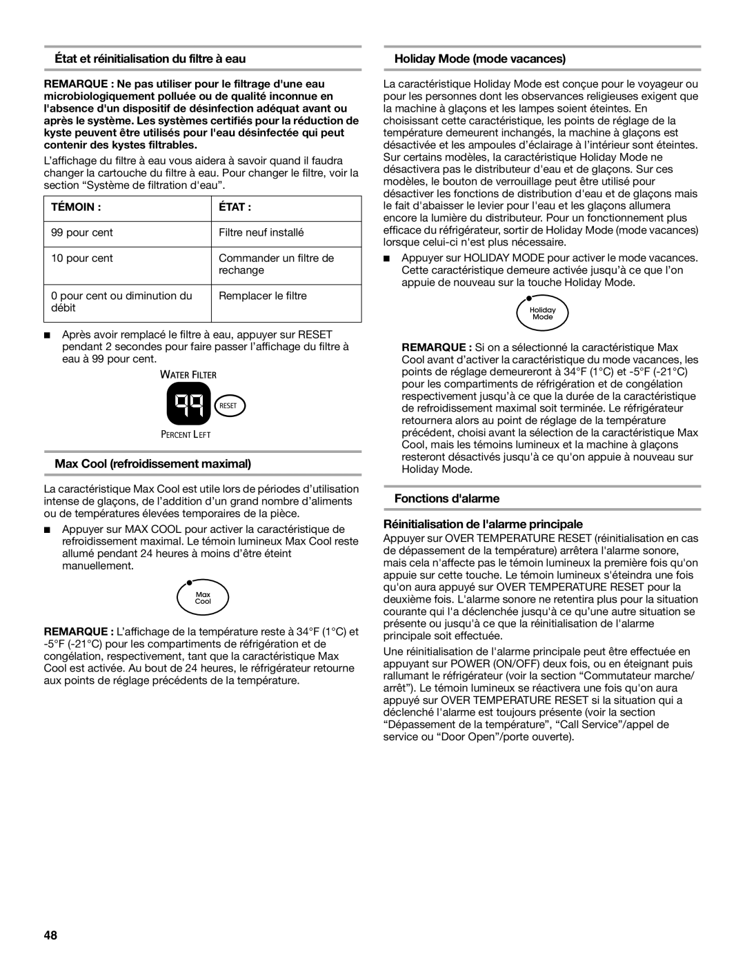 KitchenAid 2317086 État et réinitialisation du filtre à eau, Max Cool refroidissement maximal, Holiday Mode mode vacances 