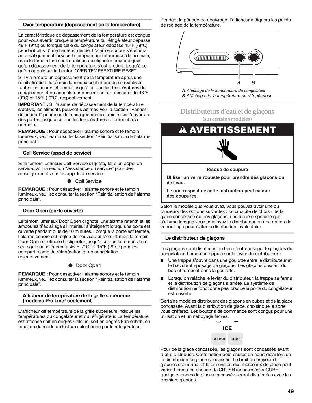 KitchenAid 2317086 manual Distributeurs d’eau et de glaçons, Over temperature dépassement de la température 