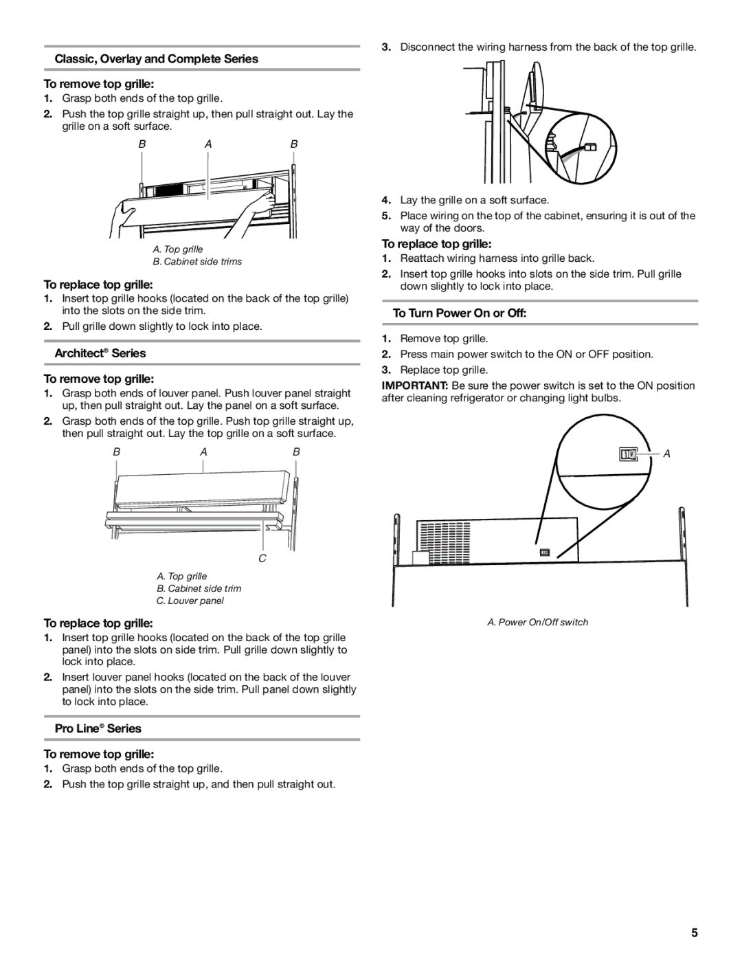 KitchenAid 2317086 manual Classic, Overlay and Complete Series To remove top grille, To replace top grille 