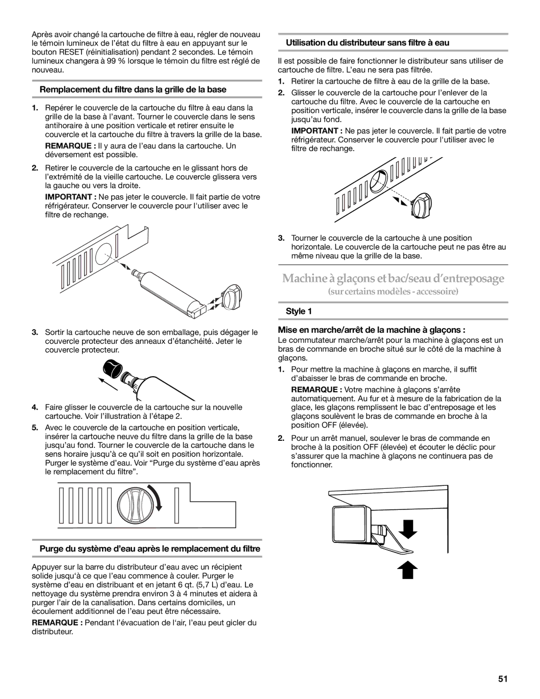 KitchenAid 2317086 manual Machine à glaçons et bac/seau d’entreposage, Remplacement du filtre dans la grille de la base 