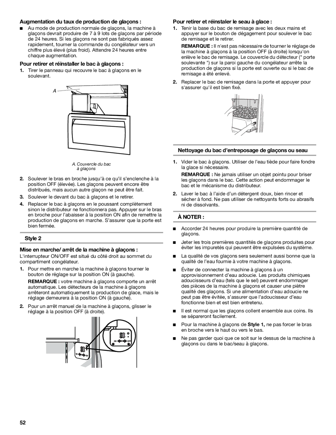 KitchenAid 2317086 manual Augmentation du taux de production de glaçons, Pour retirer et réinstaller le bac à glaçons 