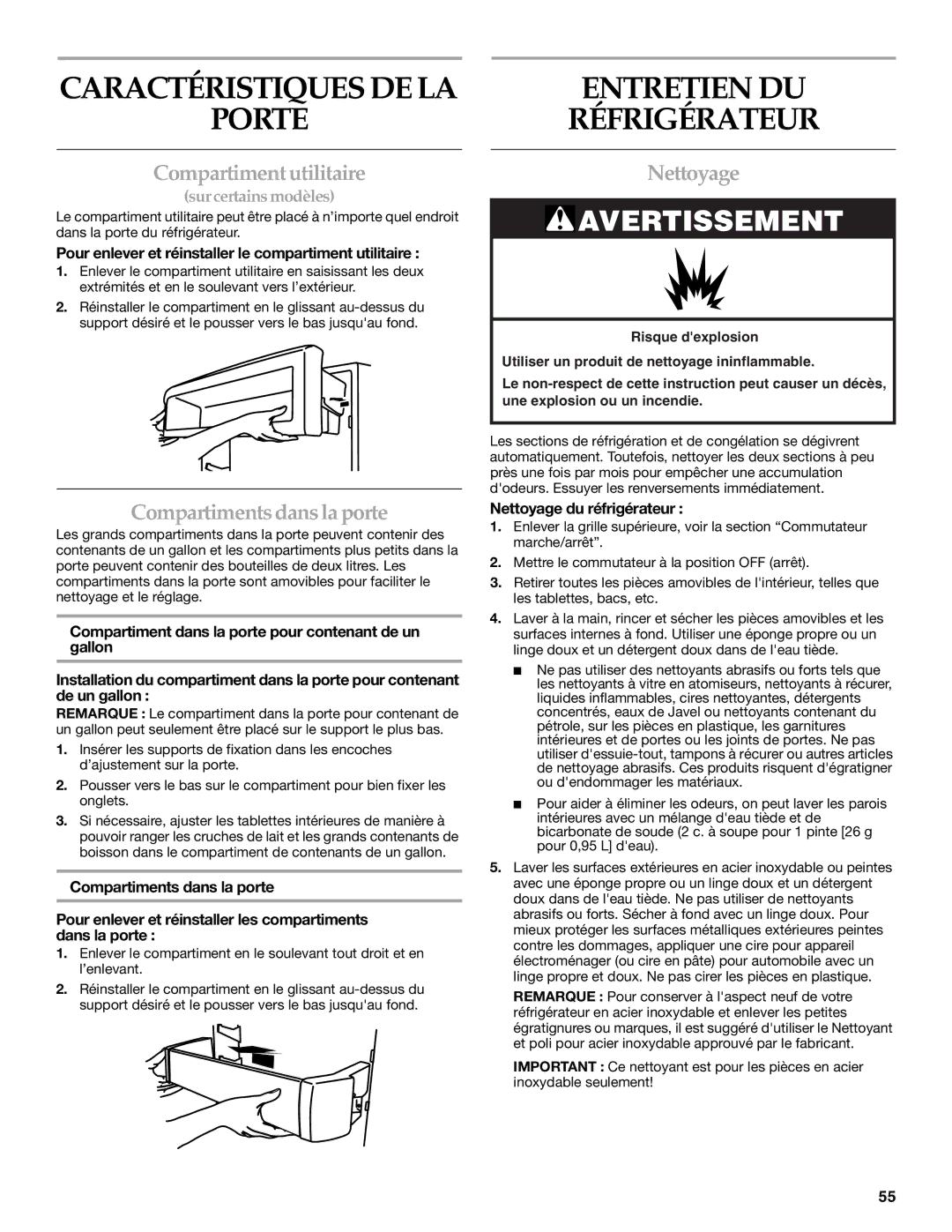 KitchenAid 2317086 Porte, Entretien DU Réfrigérateur, Compartiment utilitaire, Compartiments dans la porte, Nettoyage 