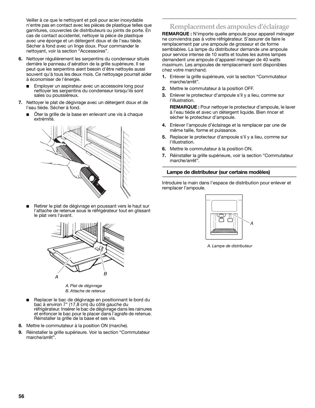 KitchenAid 2317086 manual Remplacement des ampoules d’éclairage, Lampe de distributeur sur certains modèles 