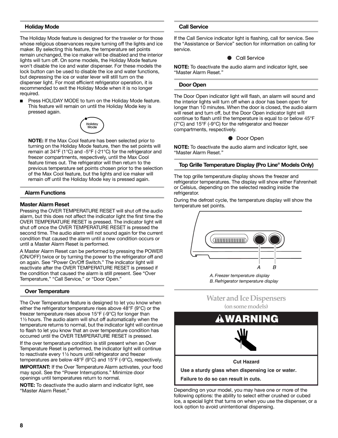 KitchenAid 2317086 manual Water and Ice Dispensers 