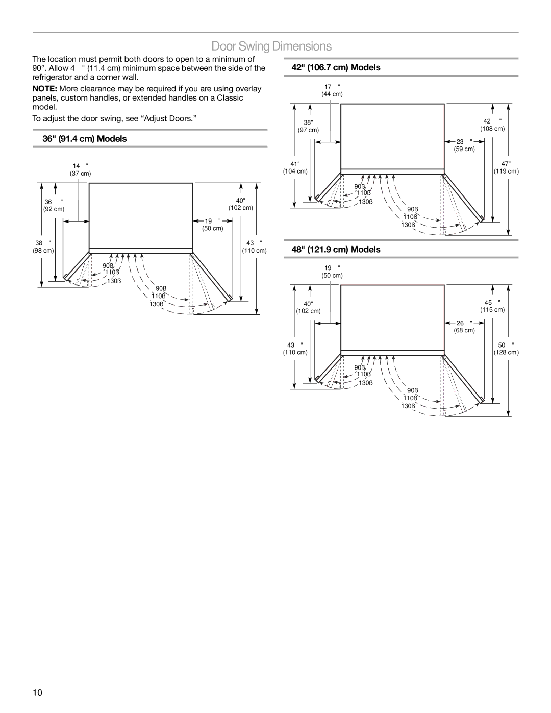 KitchenAid 2317872A manual Door SwingDimensions, 36 91.4 cm Models, 42 106.7 cm Models, 48 121.9 cm Models 