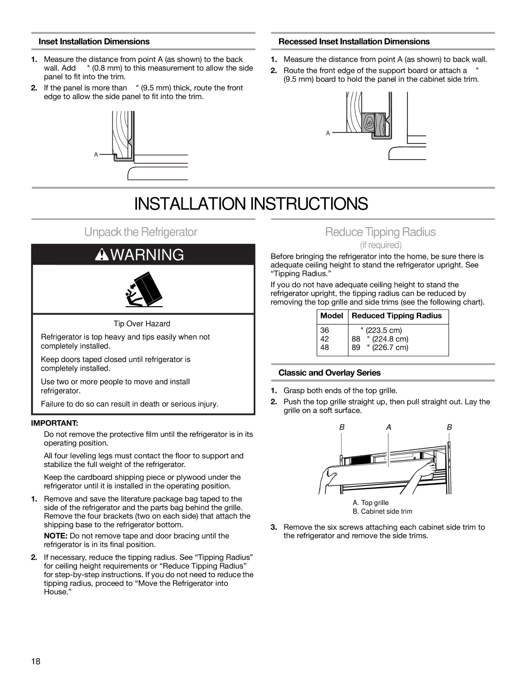 KitchenAid 2317872A Installation Instructions, Unpack the Refrigerator, Reduce TippingRadius, Classic and Overlay Series 