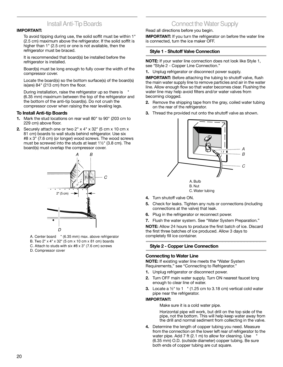 KitchenAid 2317872A manual Install Anti-Tip Boards, Connectthe Water Supply, To Install Anti-tip Boards 