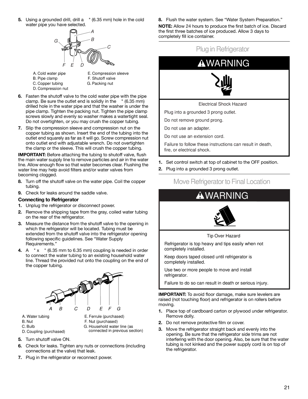 KitchenAid 2317872A manual Plug in Refrigerator, Move Refrigerator to Final Location, Connecting to Refrigerator 