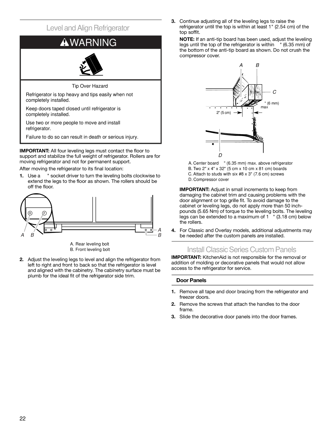 KitchenAid 2317872A manual Level and Align Refrigerator, Install ClassicSeries Custom Panels, Door Panels 