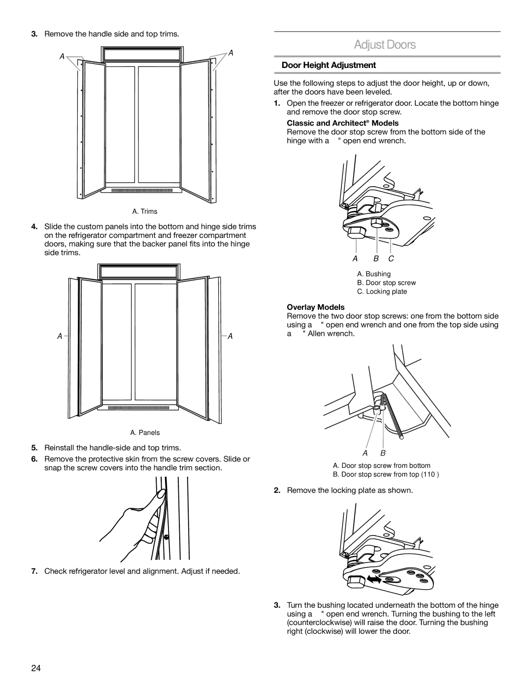 KitchenAid 2317872A manual AdjustDoors, Door Height Adjustment, Remove the handle side and top trims, Overlay Models 