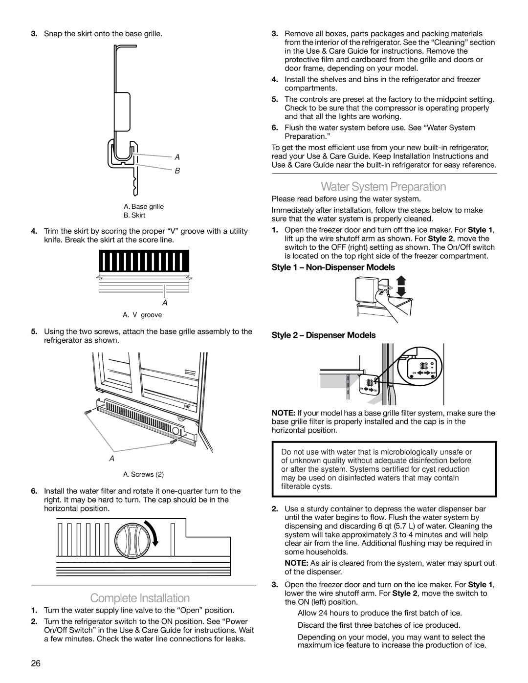 KitchenAid 2317872A Complete Installation, Water System Preparation, Style 1 Non-Dispenser Models Style 2 Dispenser Models 