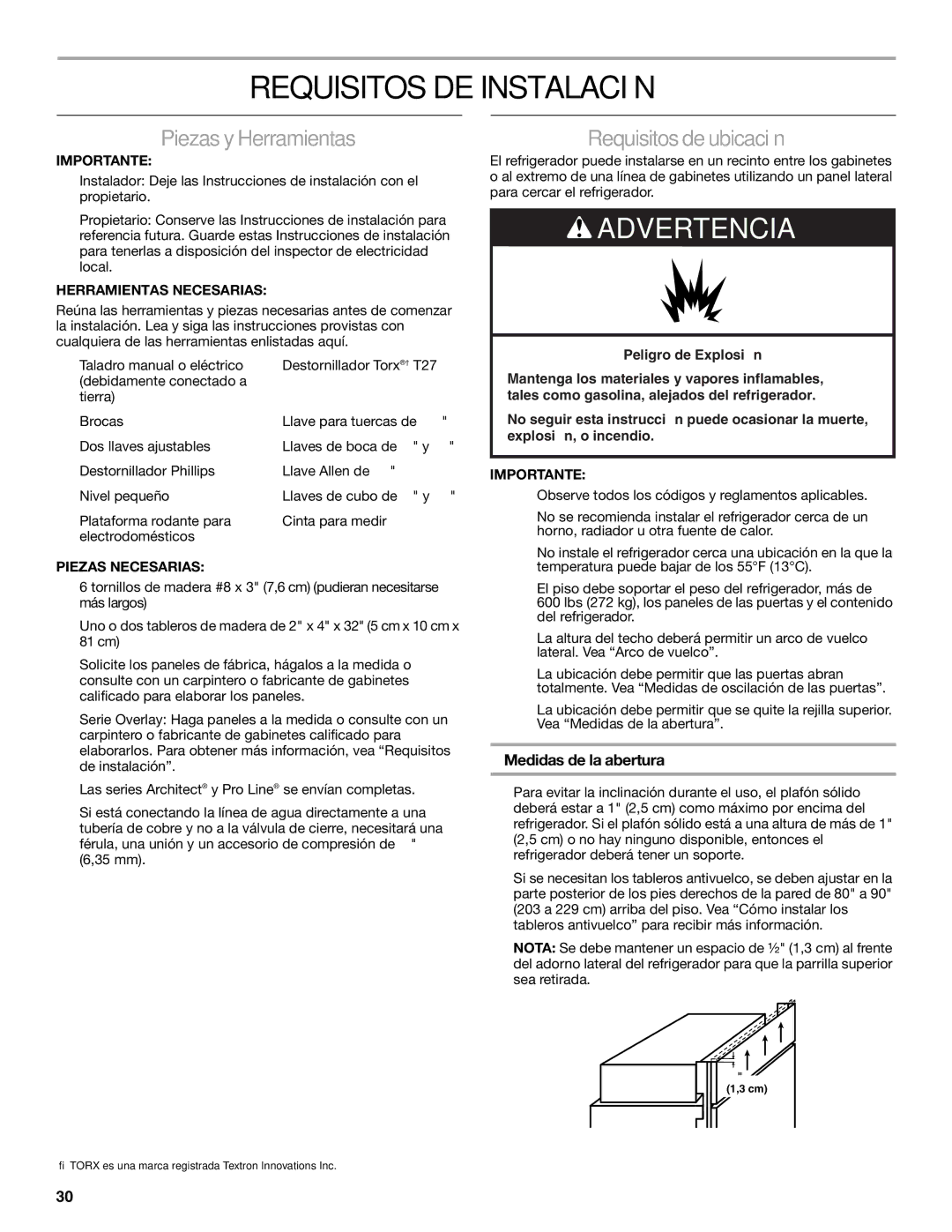 KitchenAid 2317872A manual Requisitos DE Instalación, Piezas y Herramientas, Requisitosde ubicación, Medidas de la abertura 