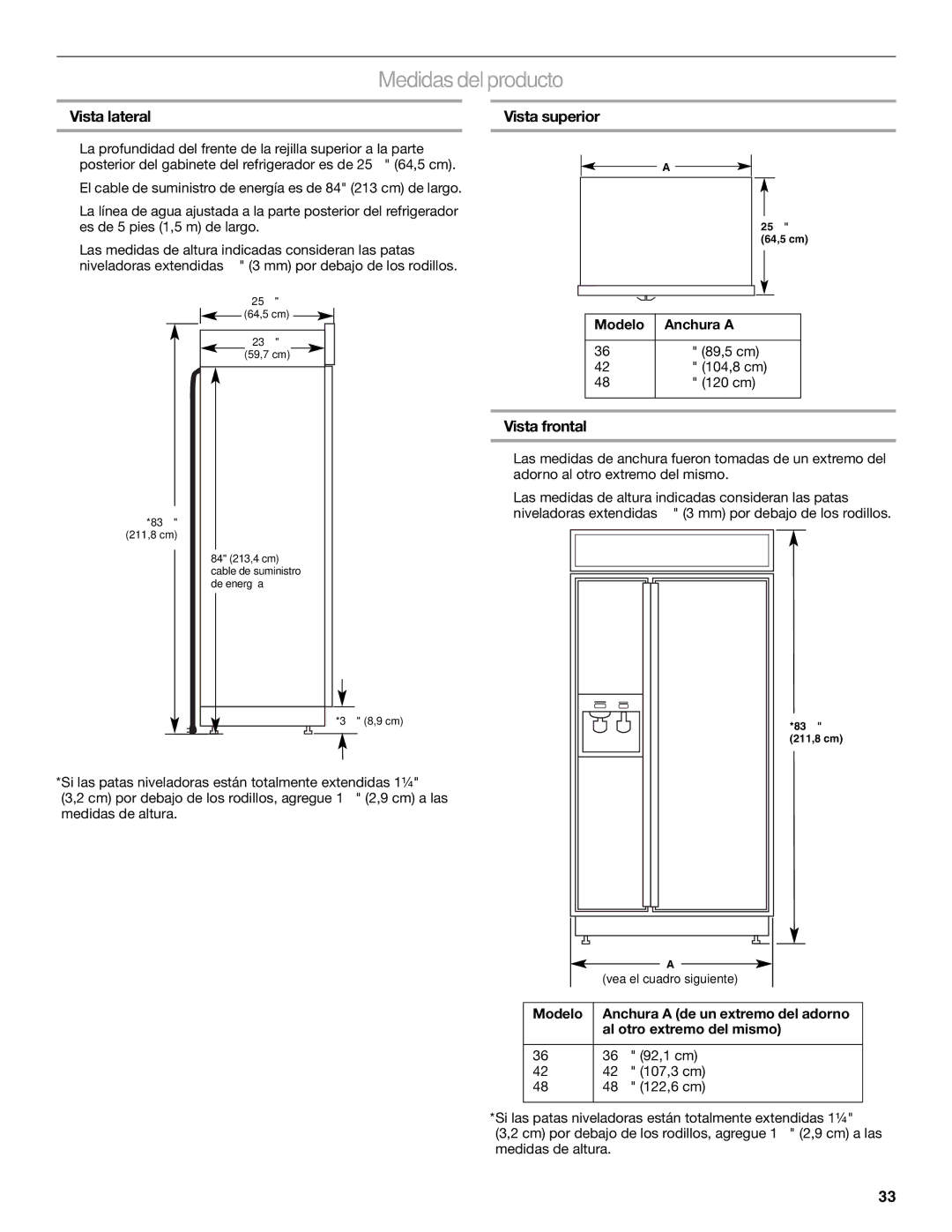 KitchenAid 2317872A manual Medidas delproducto, Vista lateral, Vista superior, Vista frontal, Modelo Anchura a 