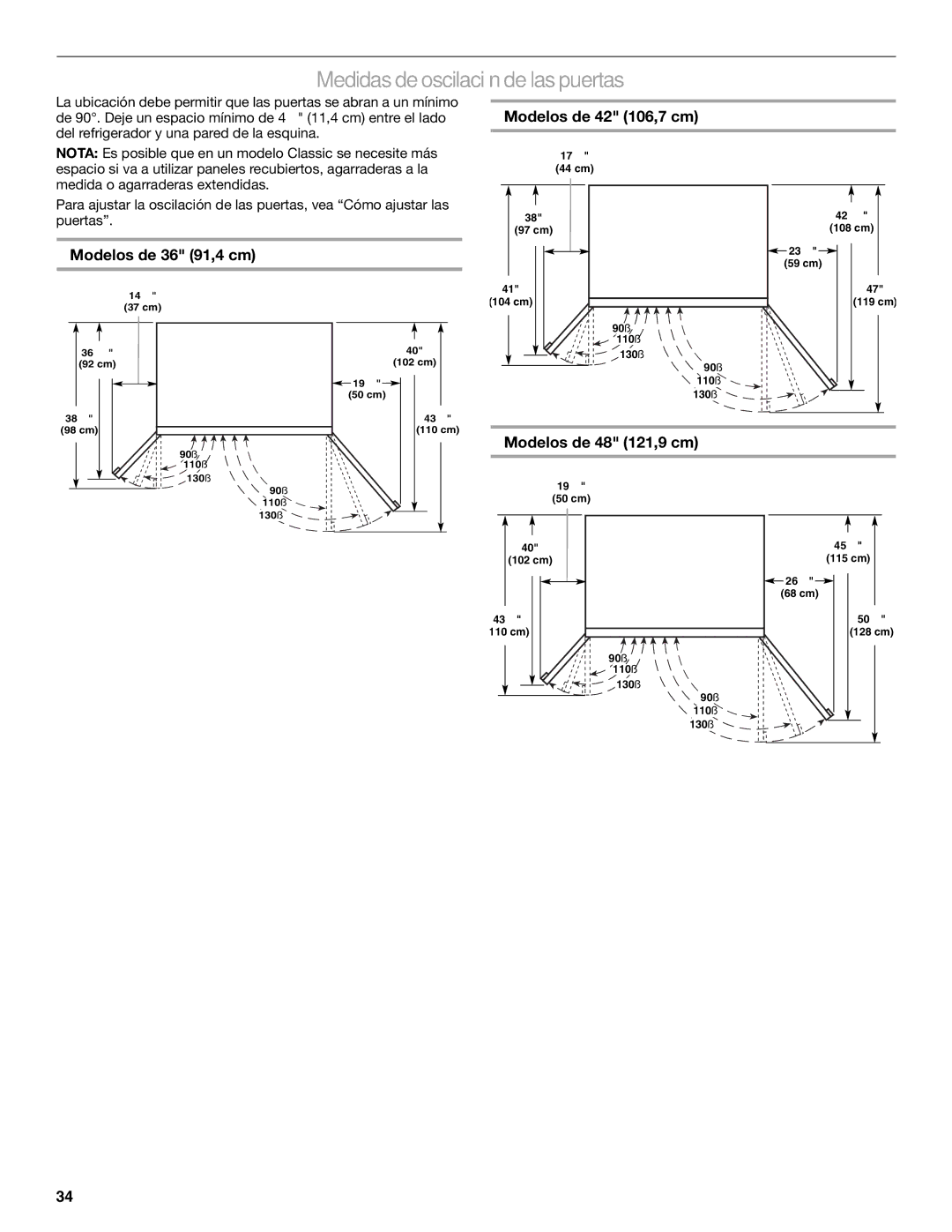 KitchenAid 2317872A manual Medidas de oscilación de las puertas, Modelos de 36 91,4 cm Modelos de 42 106,7 cm 