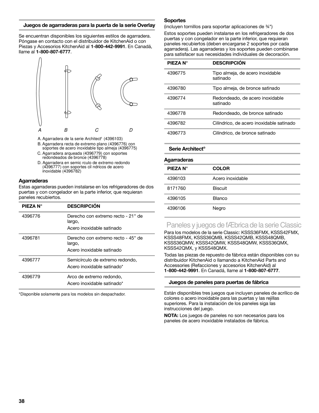 KitchenAid 2317872A manual Paneles y juegos de fábrica delaserie Classic, Soportes, Serie Architect Agarraderas 