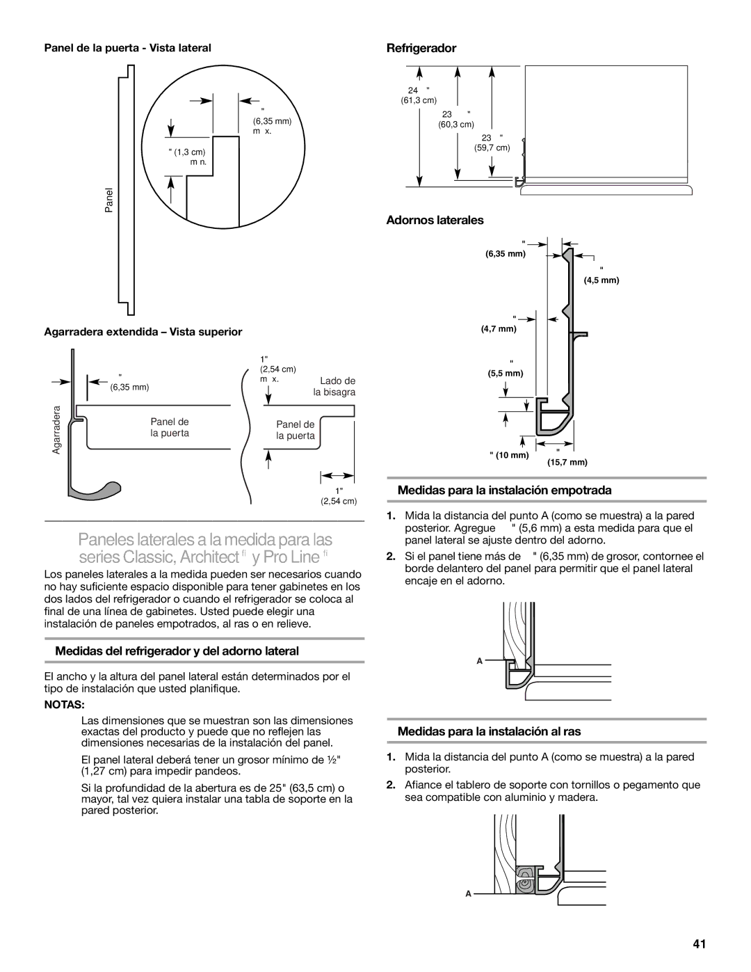 KitchenAid 2317872A manual Refrigerador, Medidas del refrigerador y del adorno lateral, Adornos laterales 