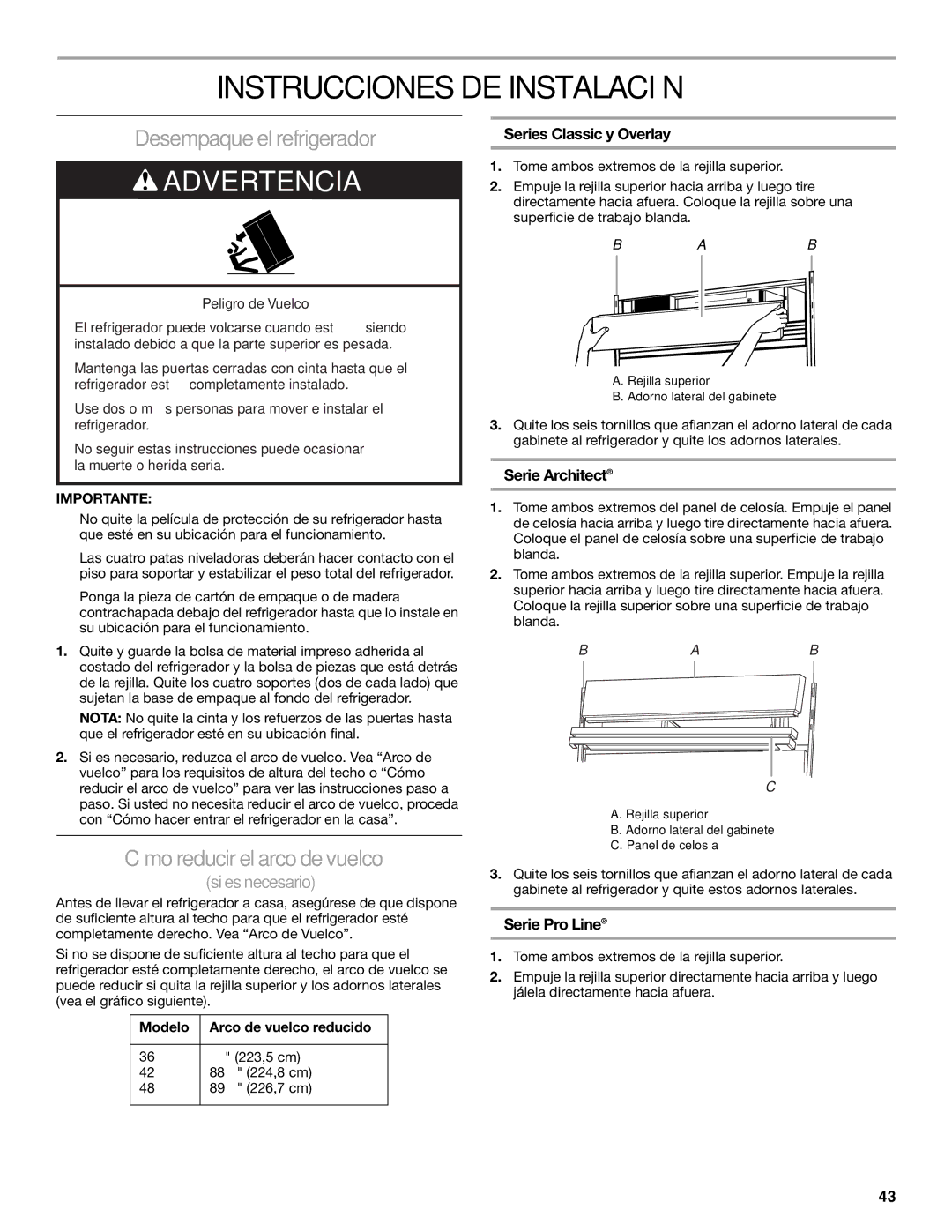 KitchenAid 2317872A manual Instrucciones DE Instalación, Desempaque el refrigerador, Cómoreducirelarco devuelco 