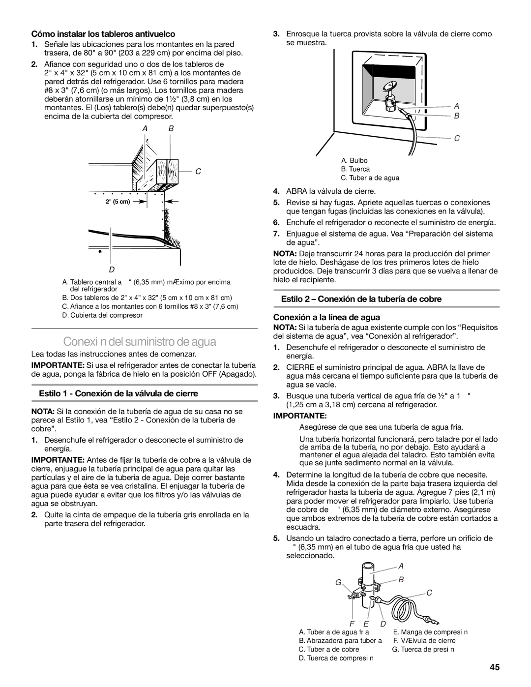 KitchenAid 2317872A manual Conexión delsuministro de agua, Cómo instalar los tableros antivuelco, Abra la válvula de cierre 