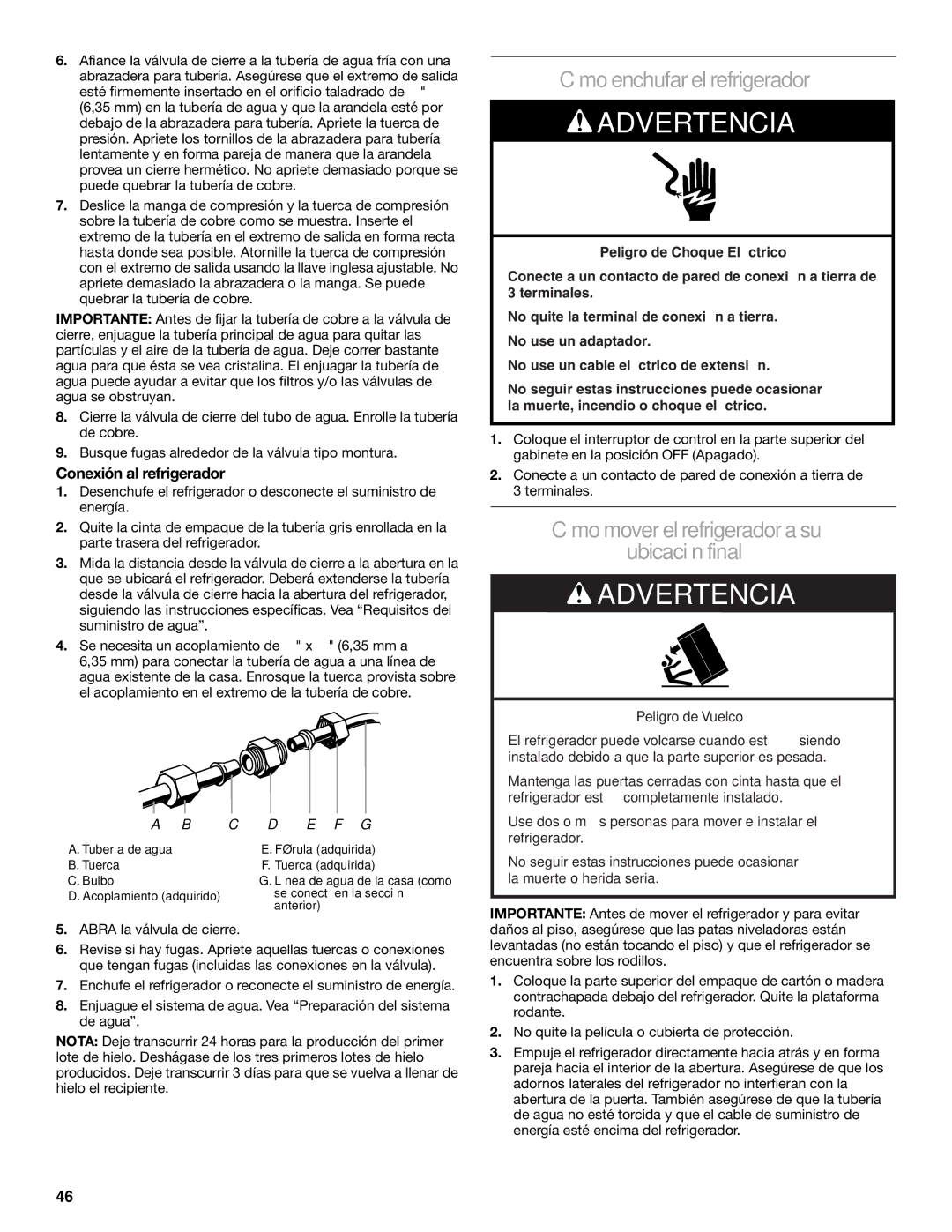 KitchenAid 2317872A manual Cómo enchufar el refrigerador, Cómomover el refrigerador a su Ubicación final 