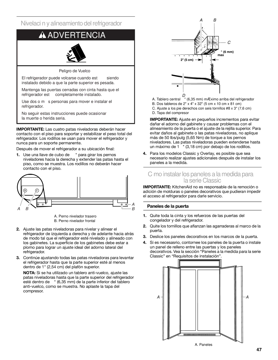 KitchenAid 2317872A Nivelación yalineamientodel refrigerador, Cómo instalar los paneles a la medida para La serie Classic 