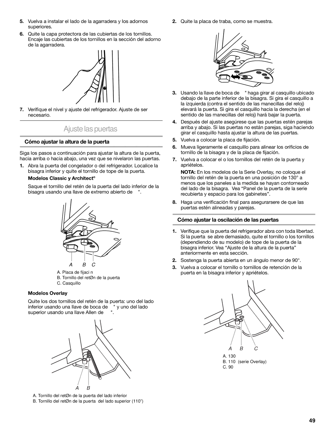 KitchenAid 2317872A Ajuste las puertas, Cómo ajustar la altura de la puerta, Cómo ajustar la oscilación de las puertas 