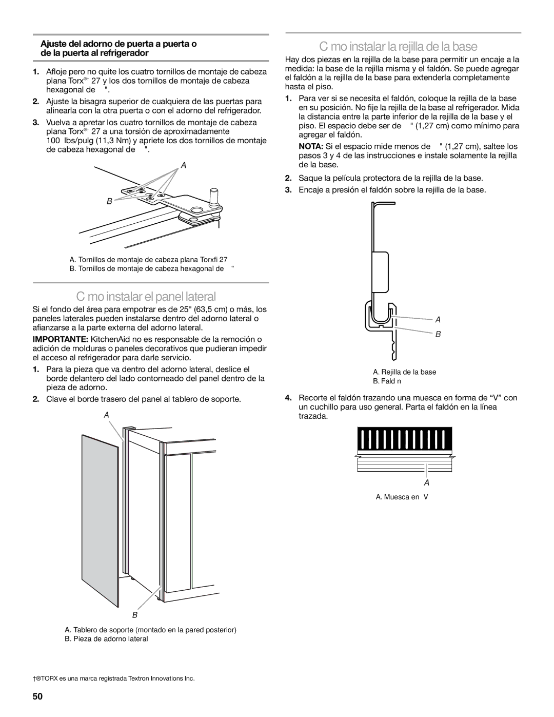 KitchenAid 2317872A manual Cómoinstalar el panellateral, Cómo instalar la rejilla de la base 