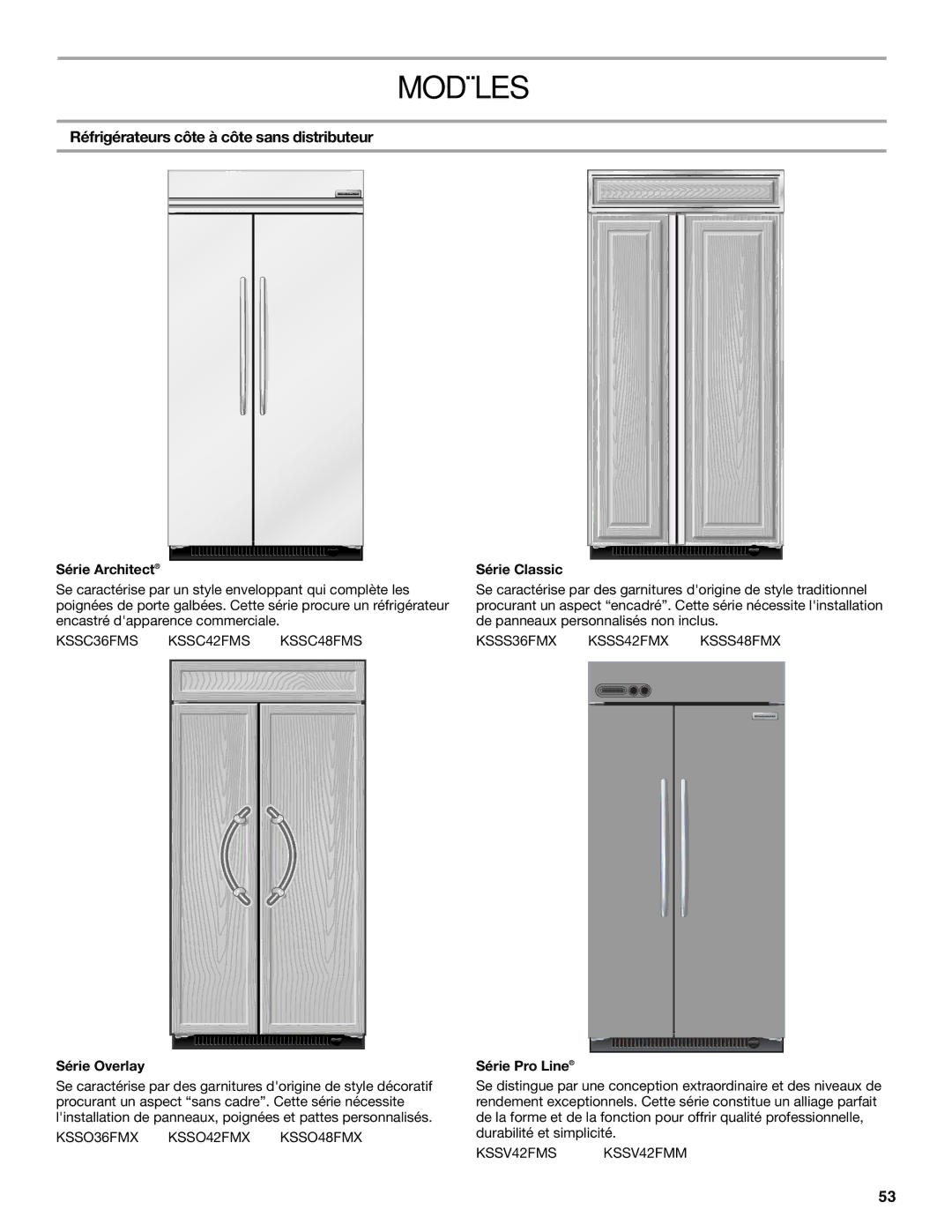 KitchenAid 2317872A manual Modèles, Réfrigérateurs côte à côte sans distributeur 