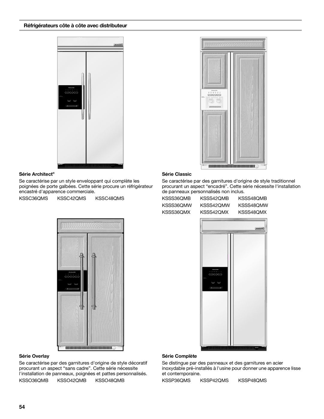 KitchenAid 2317872A manual Réfrigérateurs côte à côte avec distributeur, Série Complète 