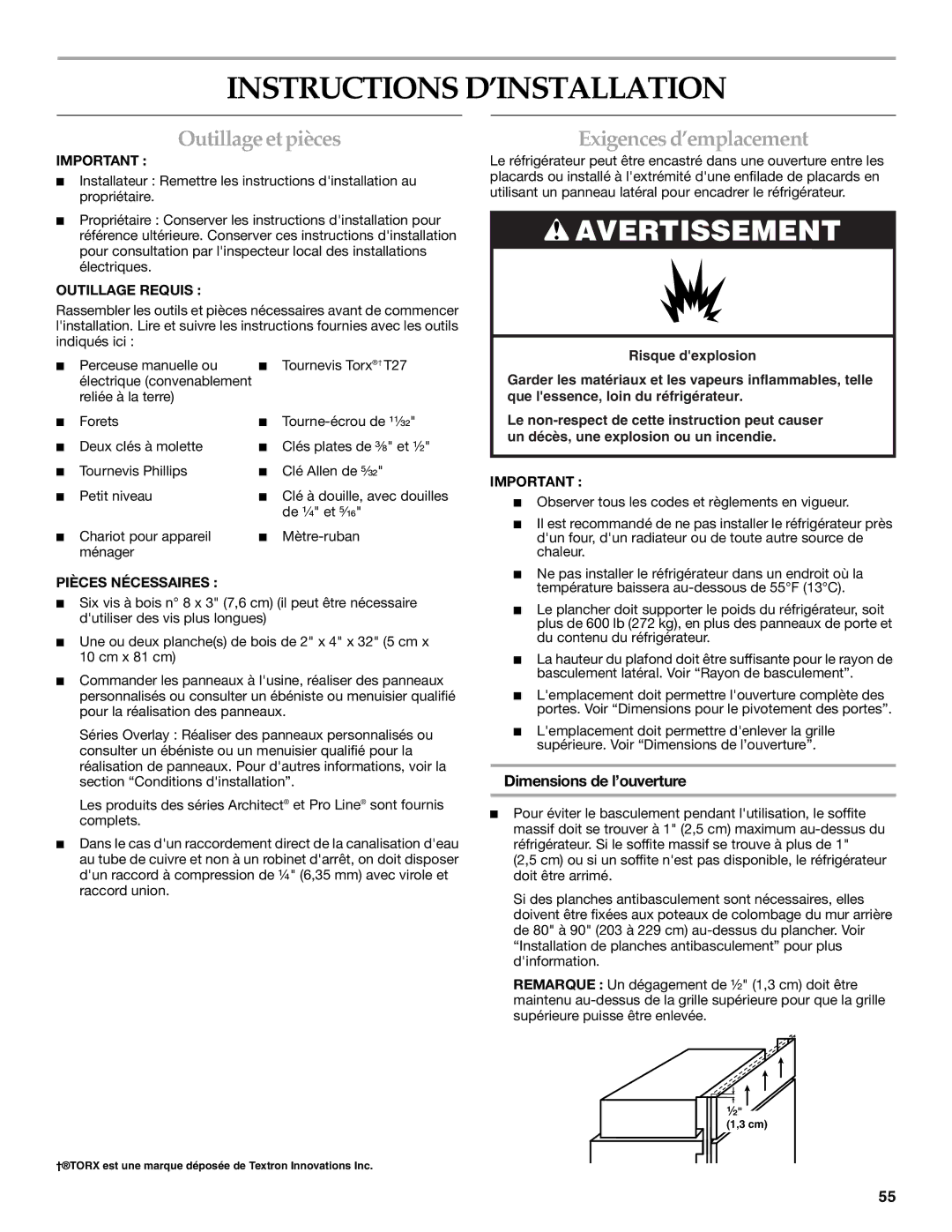 KitchenAid 2317872A Instructions D’INSTALLATION, Outillage etpièces, Exigences d’emplacement, Dimensions de l’ouverture 