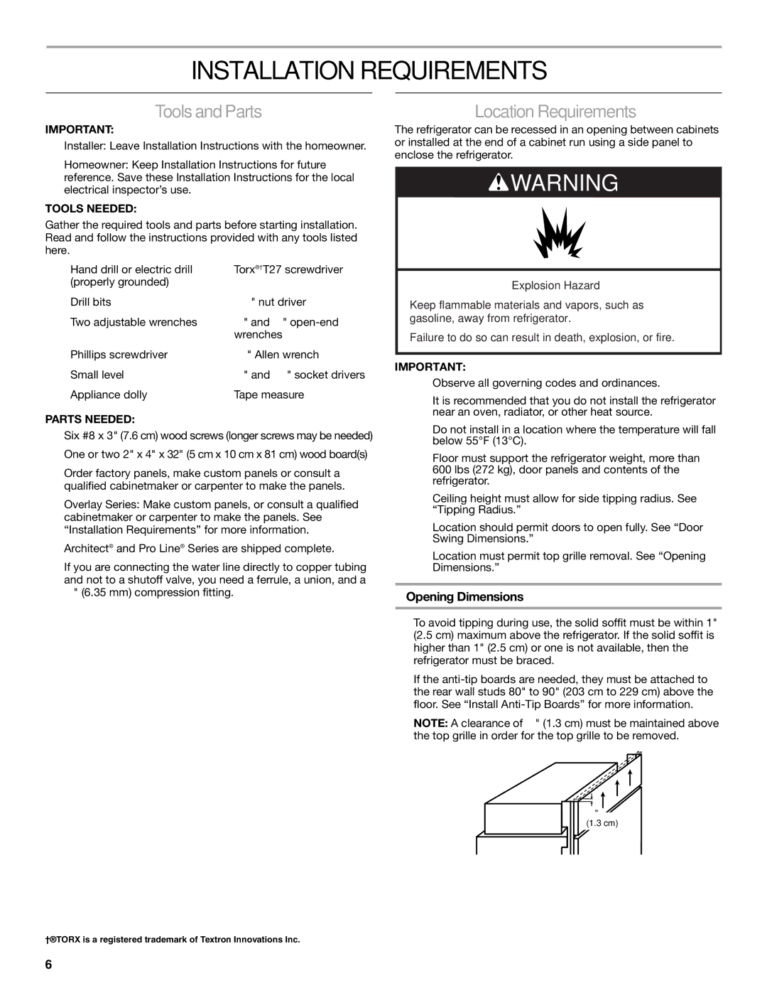 KitchenAid 2317872A manual Installation Requirements, Toolsand Parts, Location Requirements, Opening Dimensions 