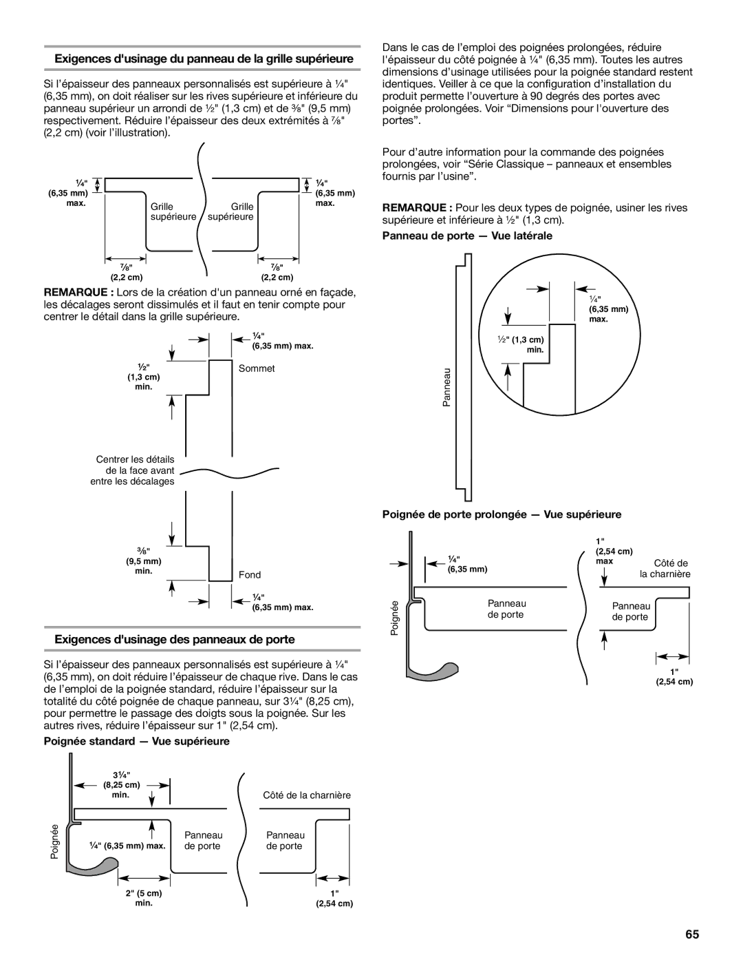 KitchenAid 2317872A manual Exigences dusinage du panneau de la grille supérieure, Exigences dusinage des panneaux de porte 