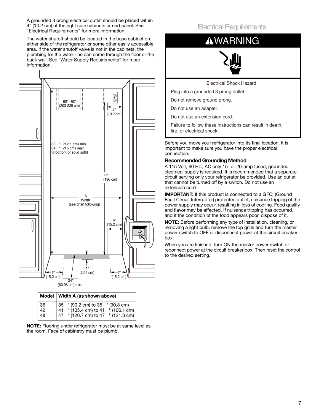 KitchenAid 2317872A manual Electrical Requirements, Recommended Grounding Method, Model Width a as shown above 