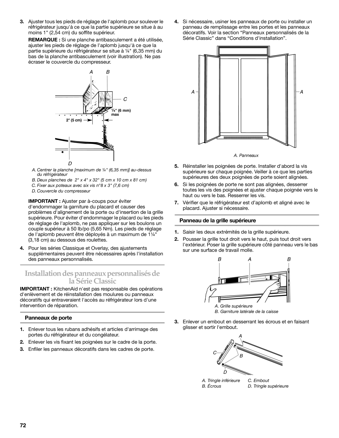 KitchenAid 2317872A manual Installation despanneaux personnalisés de La Série Classic, Panneaux de porte 