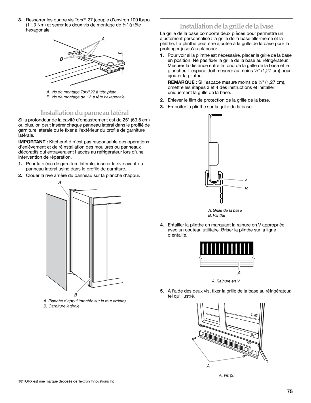 KitchenAid 2317872A manual Installation du panneau latéral, Installation de la grille de la base 