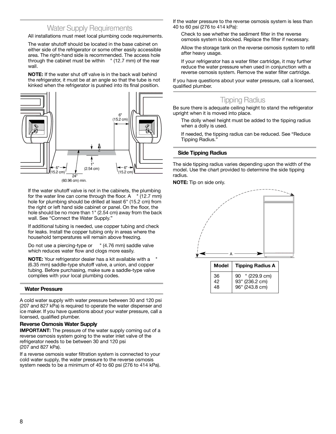 KitchenAid 2317872A manual Water Supply Requirements, Tipping Radius, Water Pressure, Reverse Osmosis Water Supply 