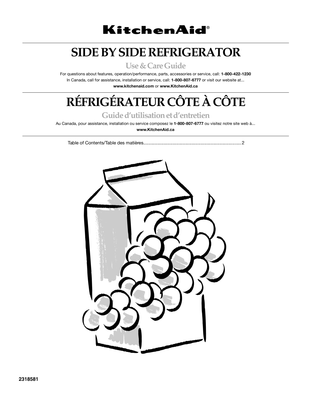 KitchenAid 2318581 manual Side by Side Refrigerator, Table of Contents/Table des matières 