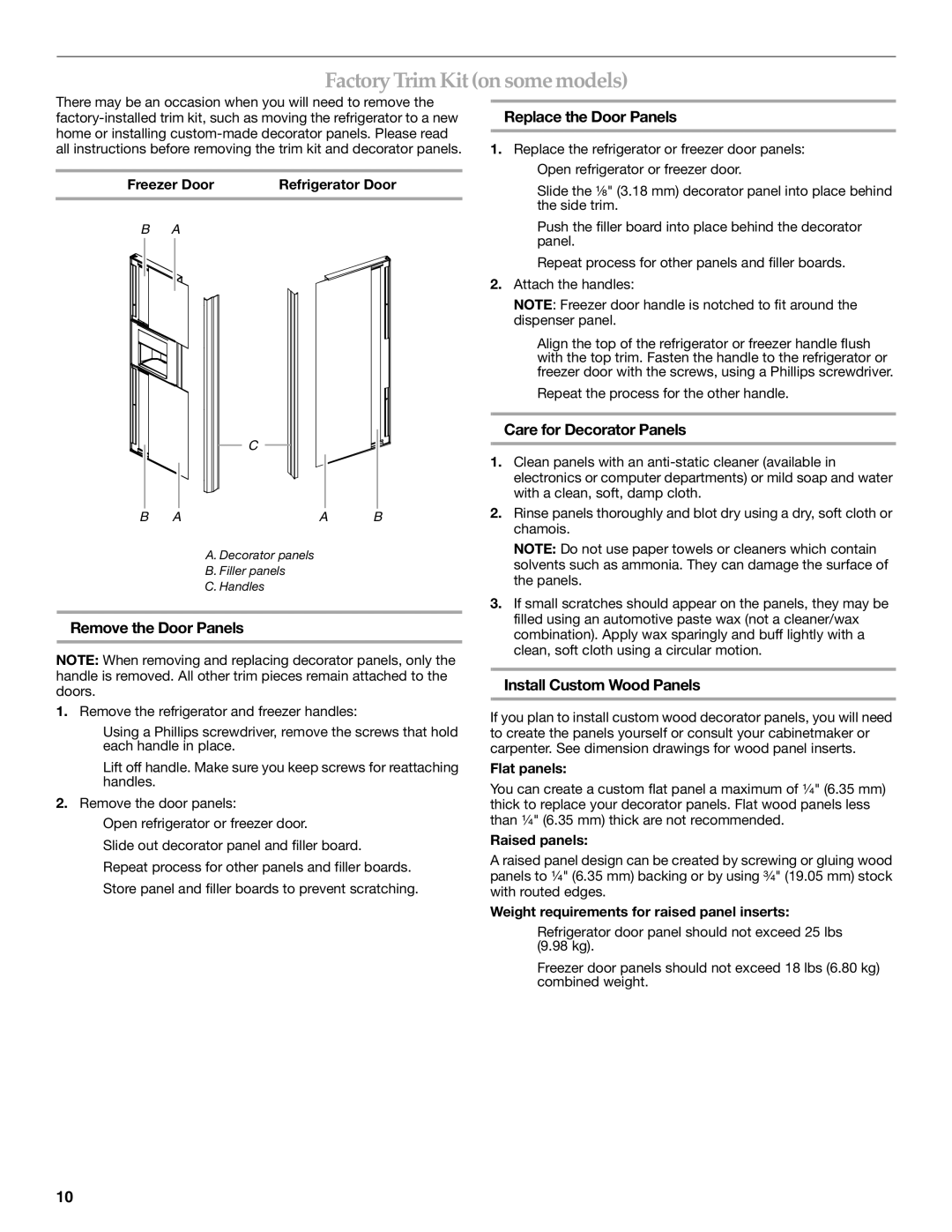 KitchenAid 2318581 manual Factory Trim Kit on some models, Remove the Door Panels, Replace the Door Panels 