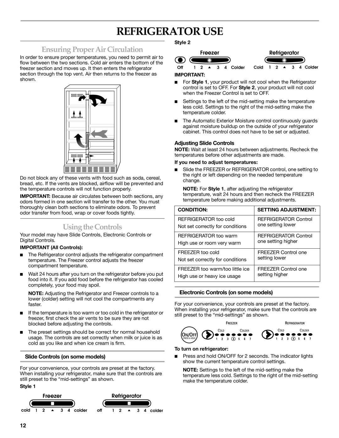 KitchenAid 2318581 manual Refrigerator USE, Ensuring Proper Air Circulation, Usingthe Controls 