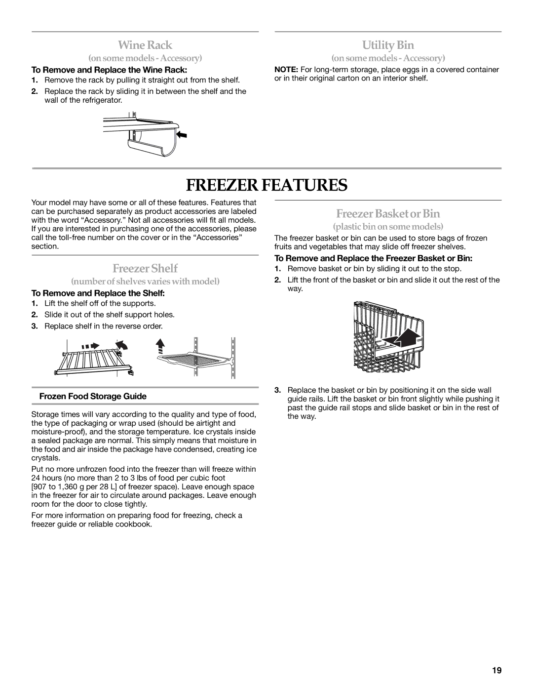 KitchenAid 2318581 manual Freezer Features, Wine Rack, Utility Bin, Freezer Shelf, Freezer Basket or Bin 