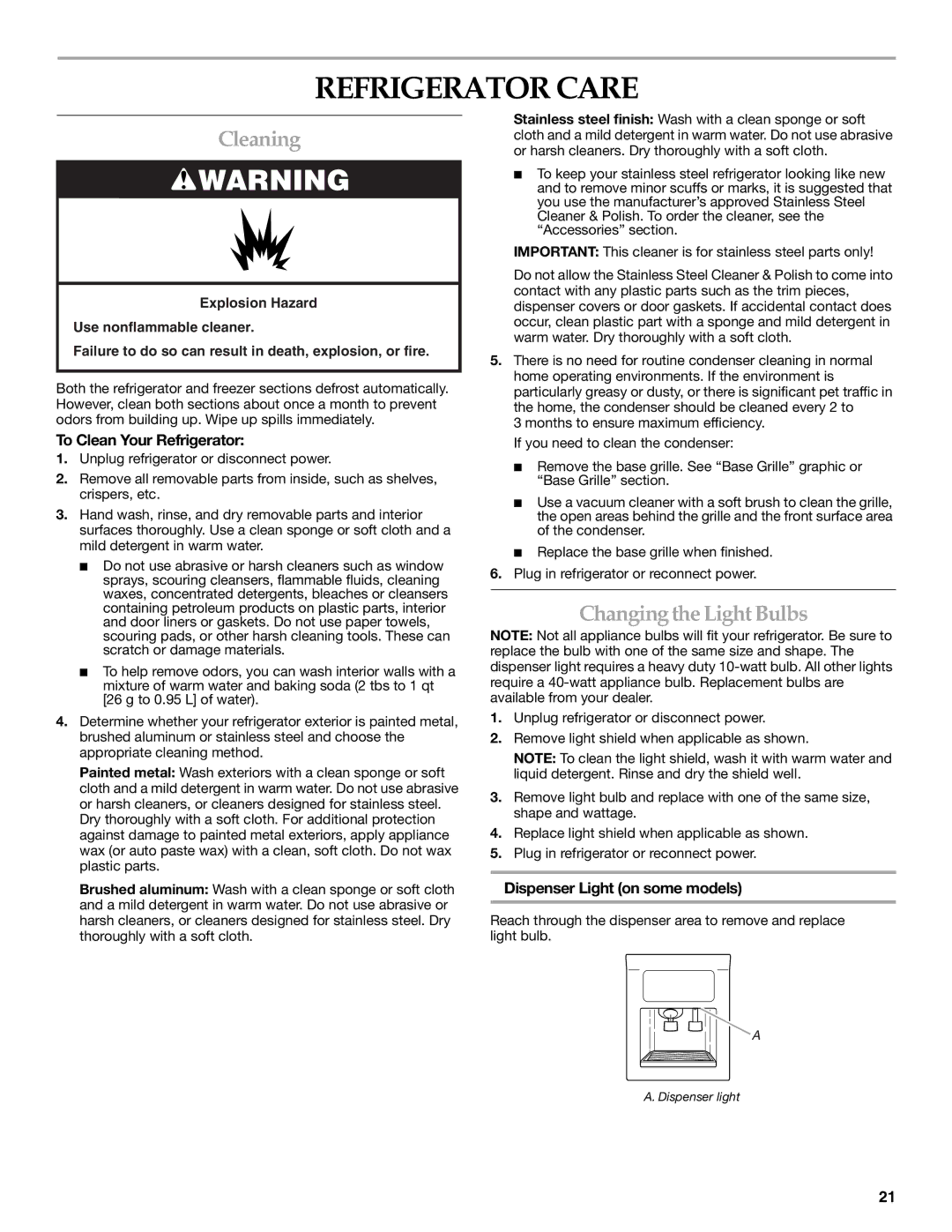 KitchenAid 2318581 manual Refrigerator Care, Cleaning, Changing the Light Bulbs, To Clean Your Refrigerator 