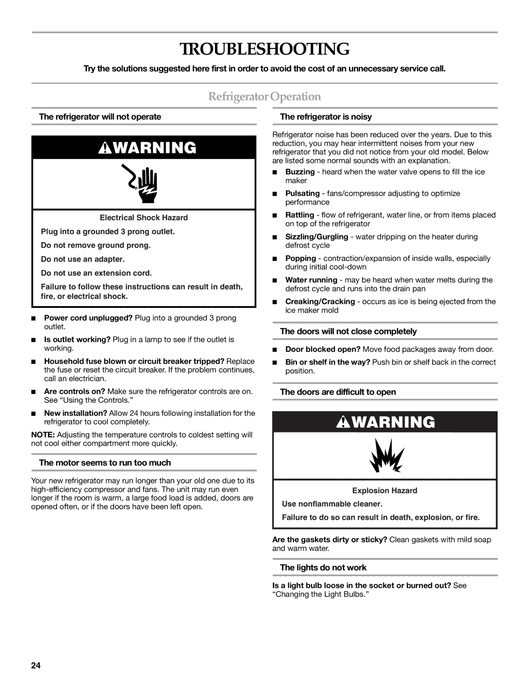 KitchenAid 2318581 manual Troubleshooting, RefrigeratorOperation 