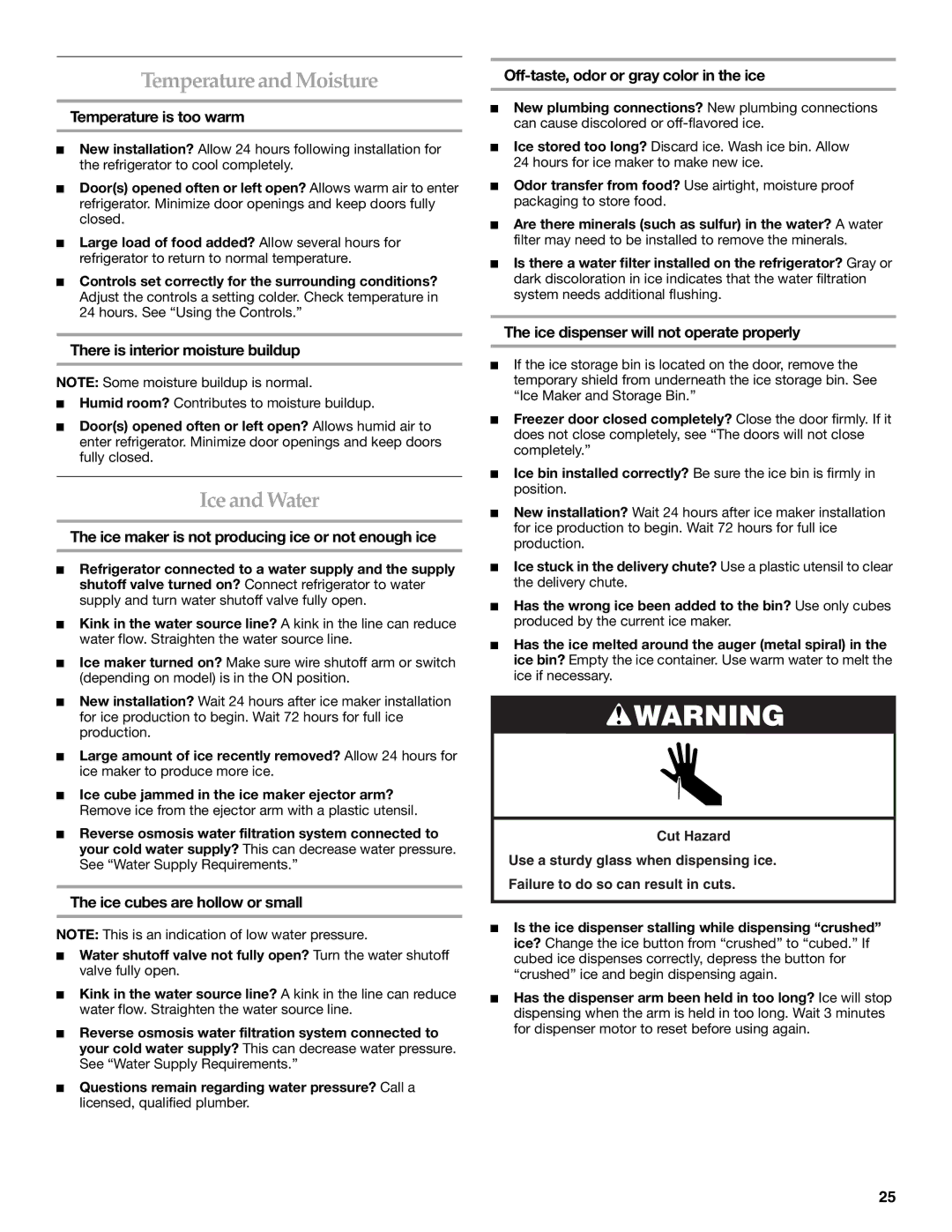 KitchenAid 2318581 manual Temperature and Moisture, Ice and Water 