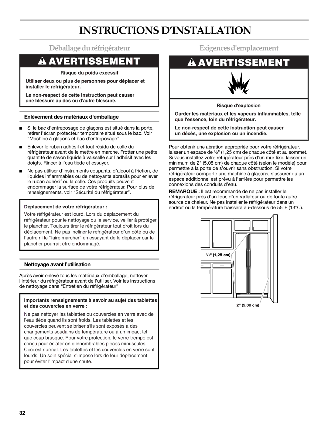 KitchenAid 2318581 manual Instructions D’INSTALLATION, Déballage du réfrigérateur, Exigences demplacement 